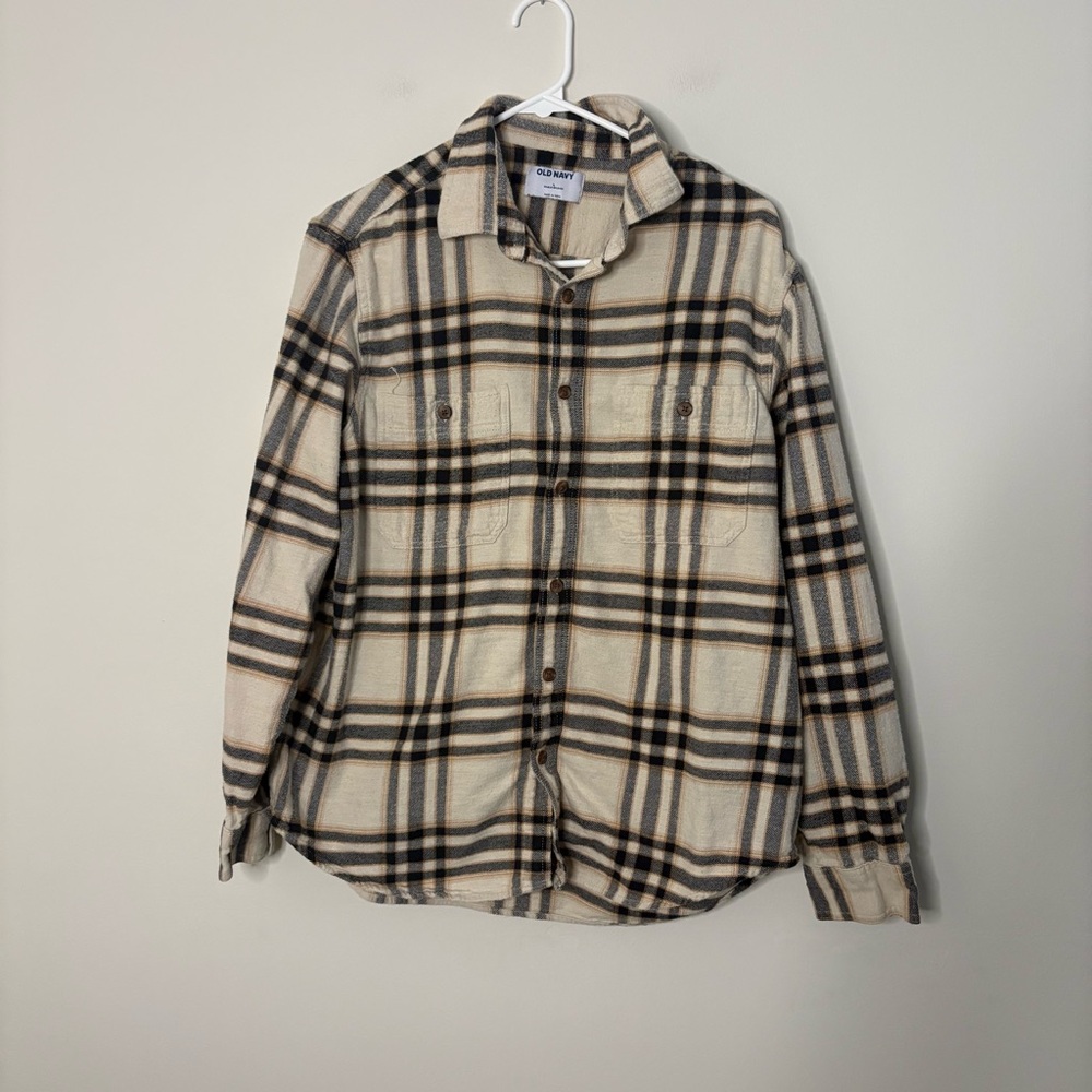 Old Navy Cream Black Casual Button Down Shirt Womens Large flannel plaid fall